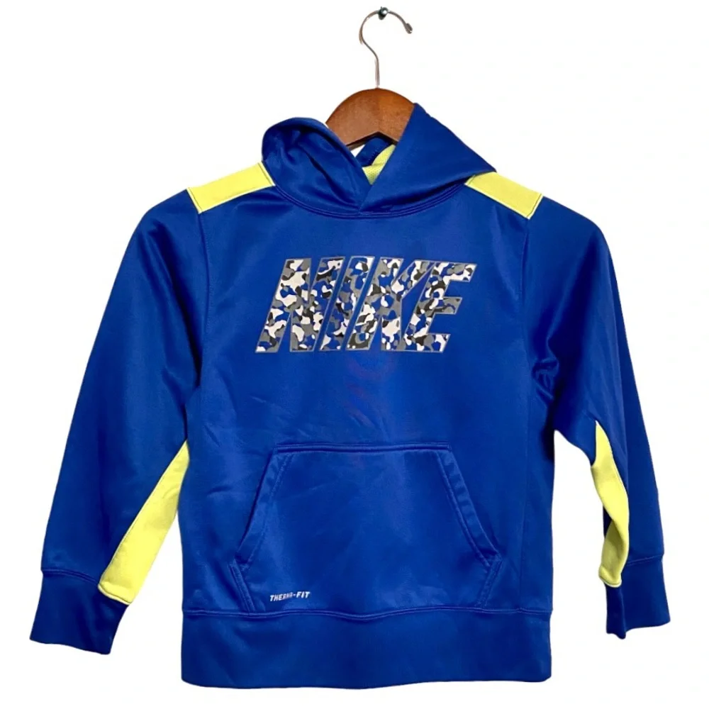 Nike Camo Graphic SpellOut Therma-Fit Blue Pullover Hoodie Athletic Sweatshirt S